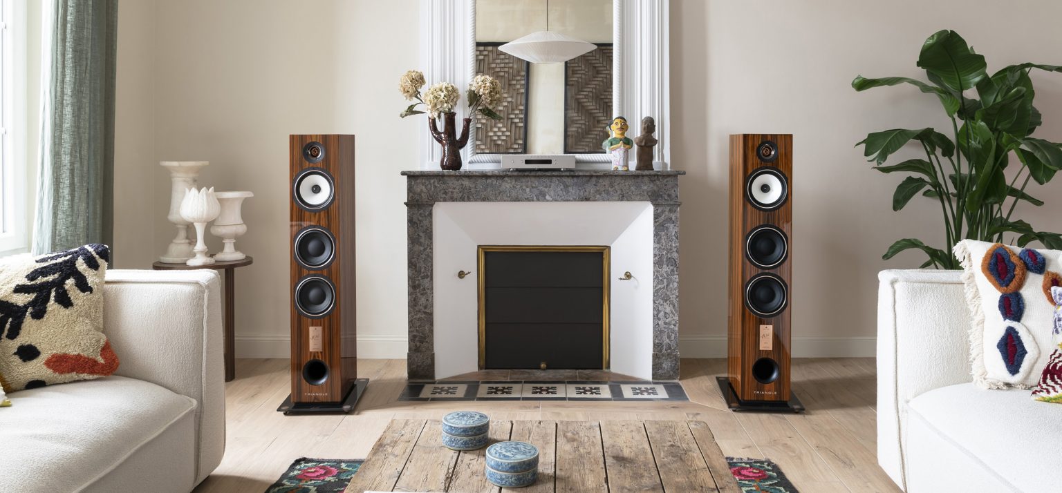 Triangle 40th Anniversary Edition Antal Floorstanding Speaker Made In France Triangle_esprit_40th_antal_golden_oak_lifestyle_03-wp-e1686565607387-1536x714